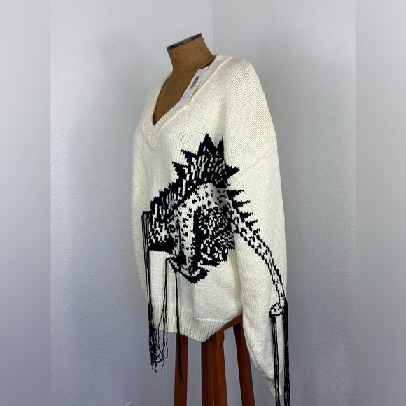 Hellessy Ortega Dinosaur Women’s Sweater Oversized L Ecru & Black Fringe $890 - Picture 3 of 16